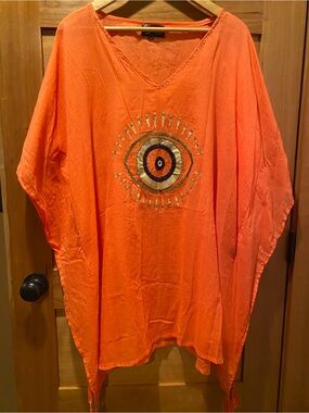 Amelie Orange & Gold Evil Eye Embroidered Caftan Coverup
